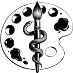 Logo der Webseite Kunst plus Praxis. In Anlehnung an den Äskulapstab wickelt sich hier eine Schlange um einen Pinsel. Im Hintergrund ist eine Malerpalette zu sehen, um die Elemente Kunst und Medizin zu verbinden.