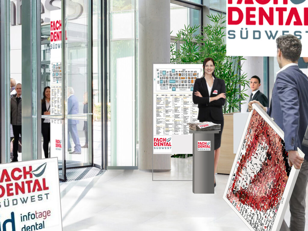 Moderne Kunst mit roten Lippen ausgestellt auf internationalen Dental-Fachmessen. Farbenfrohe Exponate mit klarer visueller Wirkung. Moderne Pop-Art-Bilder mit roten Lippen als Blickfang für IHRE Praxis.