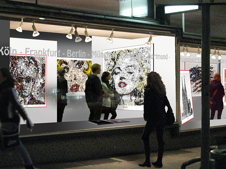 Großformatiges Marilyn Monroe Wandbild in moderner Pop Art Kunst für Praxis und Wohnräume. Ausstellung Galerieschaufenster Galerie Essen.