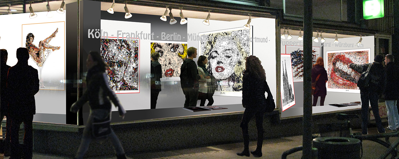 Ausstellung Galerieschaufenster Galerie Essen. Großformatiges Marilyn Monroe Wandbild in moderner Pop Art Kunst für Praxis und Wohnräume.