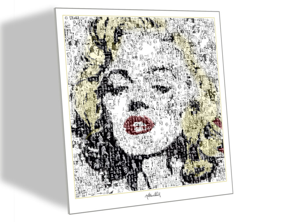 Großformatiges Marilyn Monroe Portrait Wandbild im Pop Art Stil für moderne Räume. Gestaltet aus hunderten Marilyn Fotos.