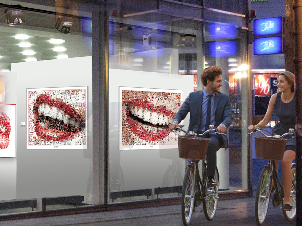Dieses Kunstexponat verbindet zeitgenössische Pop Art mit einem ikonischen Motiv: rote Lippen und perfekte Zähne.