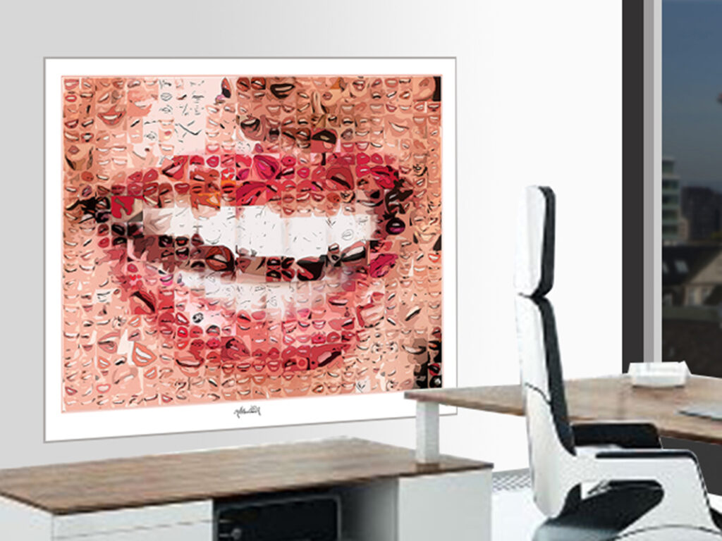 Die klaren präzisen Umwandlungen der roten Lippen und Zähne schaffen eine starke, sofort erkennbare Bildwirkung. kräftiges Rot an der weißen Wand steht für Lebensfreude.