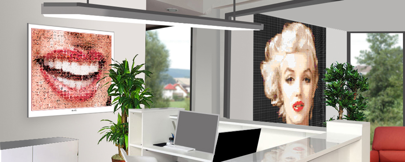 Großformatiges Marilyn Monroe Wandbild in moderner Pop Art Kunst in dem Empfang einer Zahnarztpraxis.