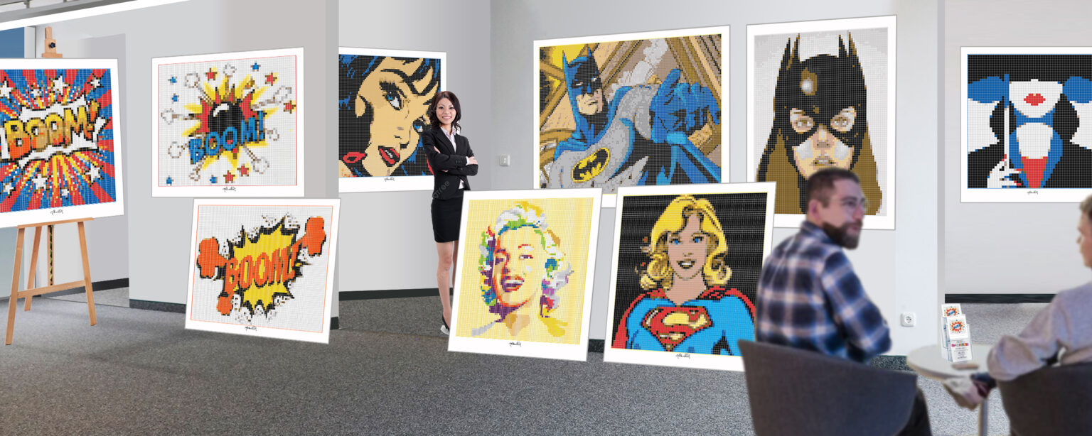 Farbenfrohe Leinwandbilder im Pop Art Stil großformatig für Praxis und Zuhause. Die Arbeiten sing gestaltet aus hunderten LEGO Steinen.