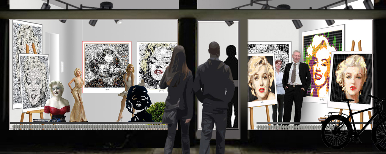 Kunstausstellung großformatiger Marilyn Monroe Portraits. Wandbilder im modernen Pop Art Stil für Praxis und Wohnräume mit intensiver Wirkung und moderner Ausstrahlung.