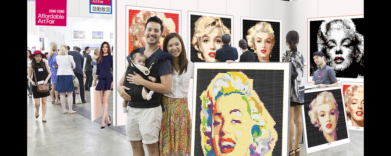 Art Fair Hongkong. Großformatiges Marilyn Monroe Wandbild im bunten Pop Art Stil für moderne Praxis und Zuhause. Umgesetzt aus hunderten LEGO Steinen.