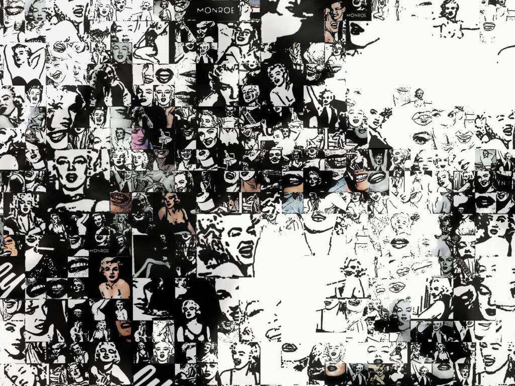 Bilddetail. Schwarz-Weiß Marilyn Monroe Wandbild im Pop Art Stil großformatig