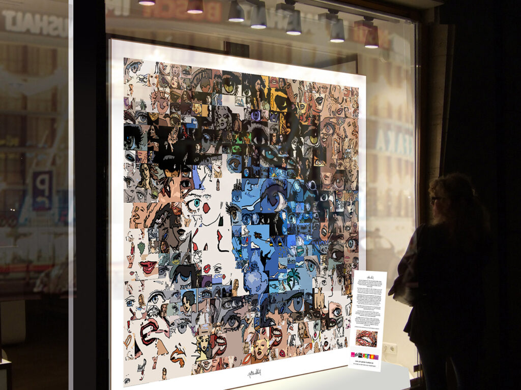 Fokus auf Ästhetik: Augen-Kunstbild für exklusive Praxisräume im Schaufenster einer Kunstgalerie.
